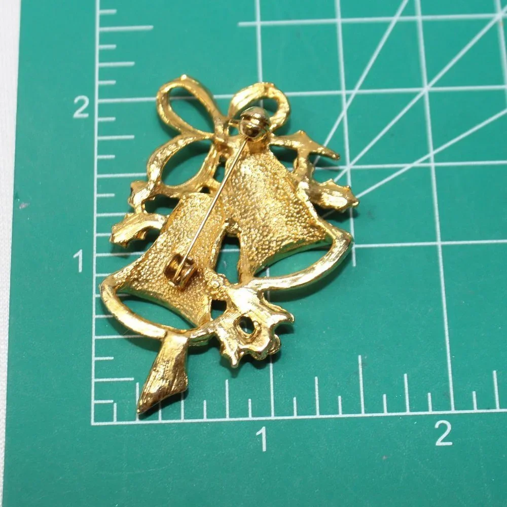 Vintage Christmas Bells Brooch with Holley Rhinestone and Pearl